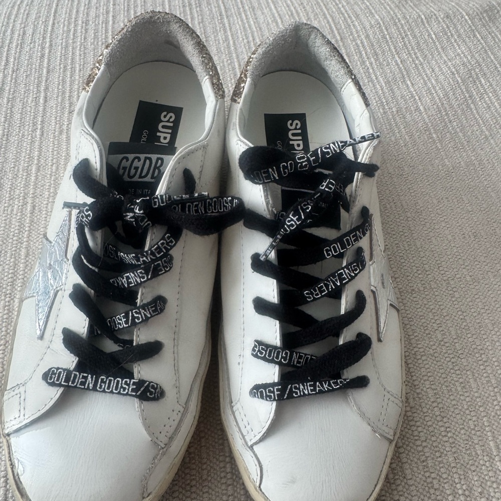 Golden Goose White Sneakers with Black and Glittering Gold
